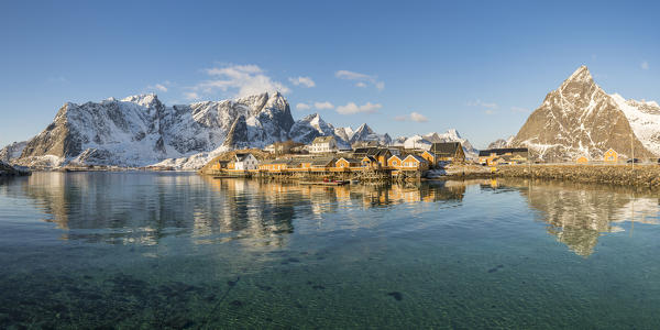 The fishing village of Sariskoya on a sunny winter day. Reine, Lofoten district, Nordland county, Northern Norway, Norway.