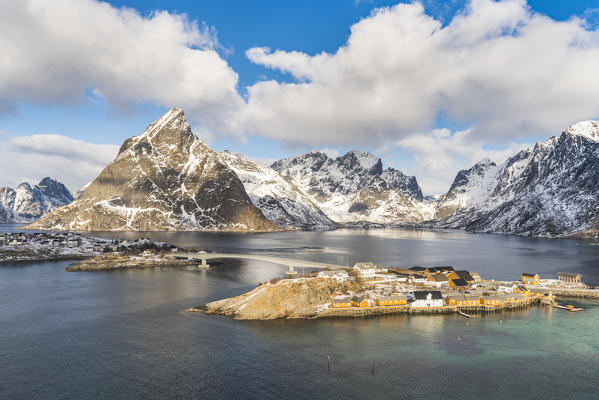 Sariskoy village in winter, from an elevated point of view. Reine, Lofoten district, Nordland county, Northern Norway, Norway.