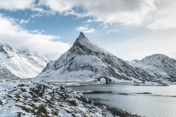Fredvang Bridge and Volanstind peak in winter. Fredvang, Flakstad municipality, Nordland county, Northern Norway, Norway.