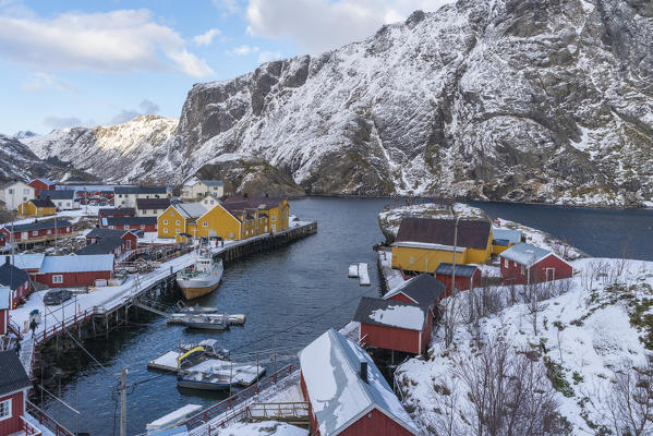 Boats in the harbour of the village in winter. Nusfjord, flakstad municipality, Nordland county, Northern Norway, Norway.