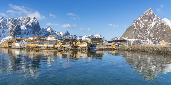 The fishing village of Sariskoya on a sunny winter day. Reine, Lofoten district, Nordland county, Northern Norway, Norway.
