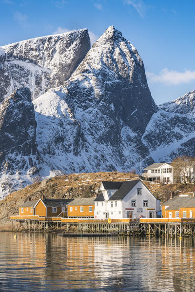 Close-up on Sariskoy village and Navaren peak in winter. Reine, Lofoten district, Nordland county, Northern Norway, Norway.