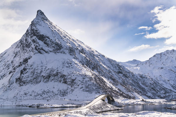 Fredvang Bridge and Volanstind peak in winter. Fredvang, Flakstad municipality, Nordland county, Northern Norway, Norway.