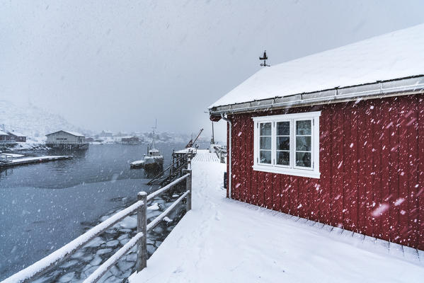 Traditional fishermen house under the snow. Reine, Nordland, Northern Norway, Norway.