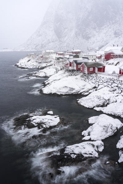 Hamnoy village under the snow. Moskenes municipality, Nordland county, Northern Norway, Norway.