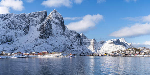The village of Reine in winter, with Navaren peak in the background. Lofoten district, Nordland county, Northern Norway, Norway.