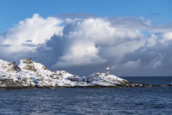 The lighthouse of Reine in winter. Nordland county, Northern Norway region, Norway.