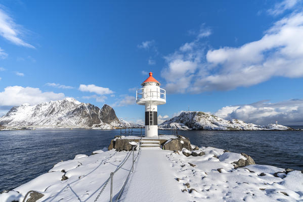 The lighthouse of Reine in winter. Nordland county, Northern Norway region, Norway.