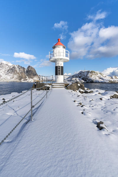 The lighthouse of Reine in winter. Nordland county, Northern Norway region, Norway.