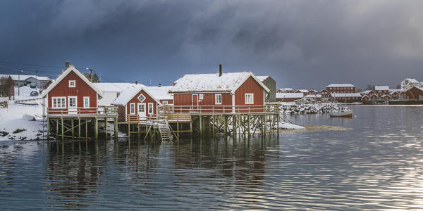 Traditional 'rorbu' houses  in winter. Reine, Lofoten district, Nordland county, Northern Norway, Norway.