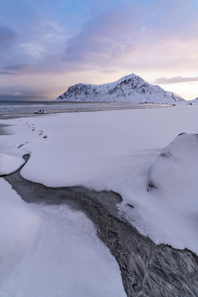 Skagsanden beach at dawn in winter. Flakstad, Nordland county, Northern Norway, Norway.