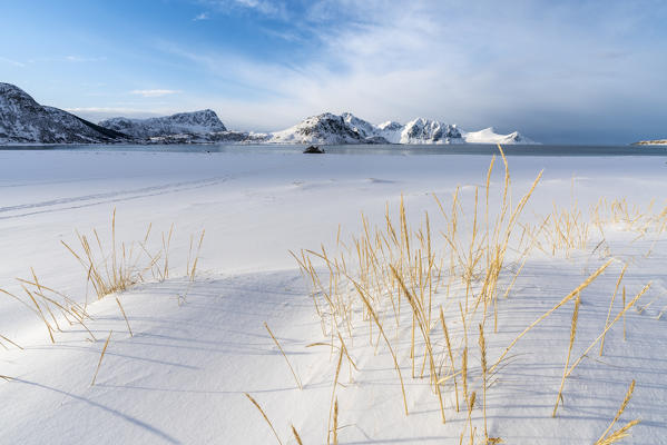 Haukland Beach in winter. Leknes, Nordland county, Northern Norway, Norway.