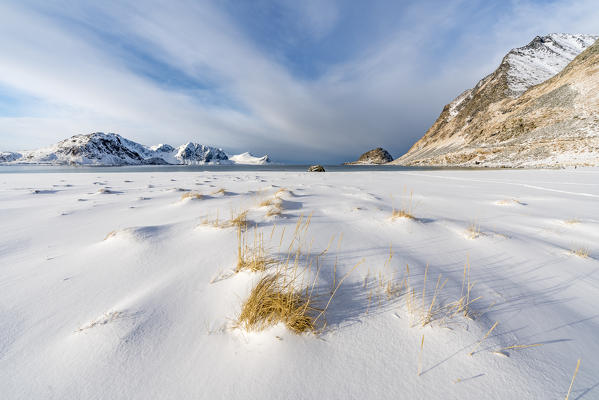 Haukland Beach with mountains in the background. Leknes, Nordland county, Northern Norway, Norway.