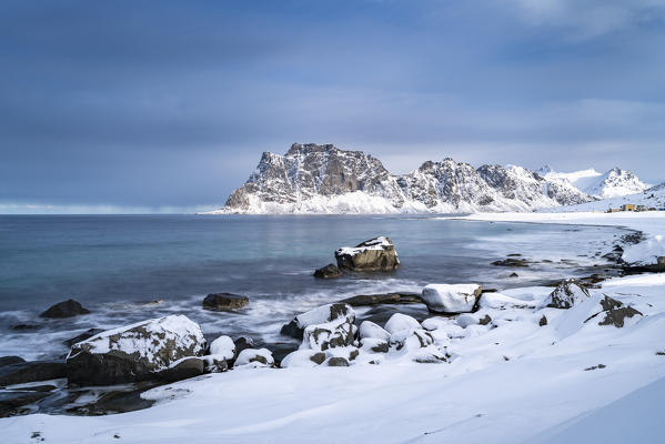 Uttakleiv Beach in winter. Leknes, Nordland county, Northern Norway, Norway.