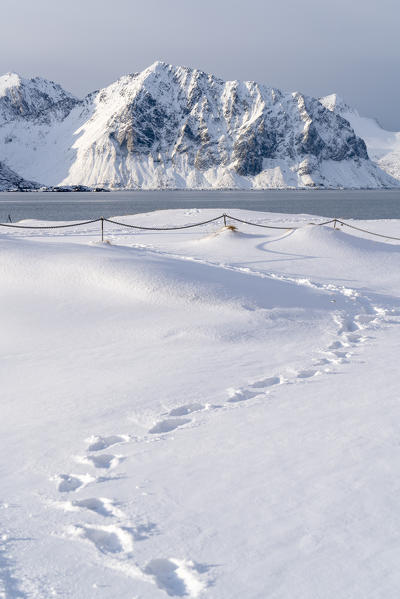 Haukland Beach in winter. Leknes, Nordland county, Northern Norway, Norway.