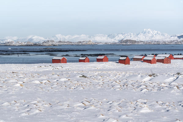 Red cabins on the beach in winter. Eggum, Nordland county, Northern Norway, Norway.