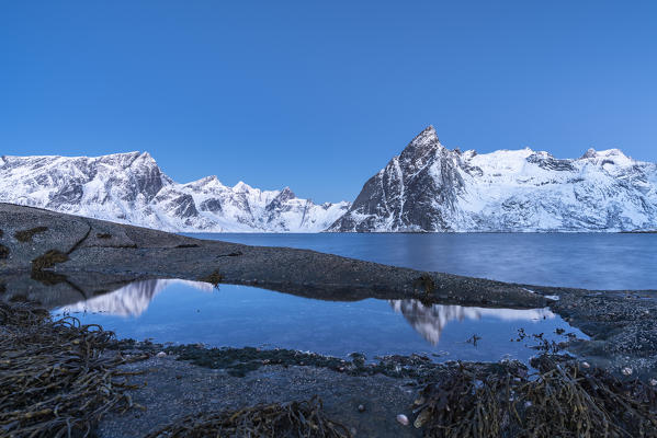 Olstinden peak and its reflection at dusk in winter, shot from Hamnoy. Reine, Nordland county, Northern Norway, Norway.