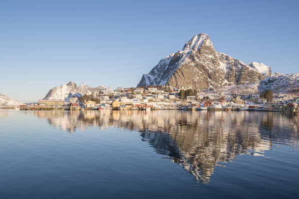 The village of Reine with Olstinden peak. Nordland county, Northern Norway, Norway.