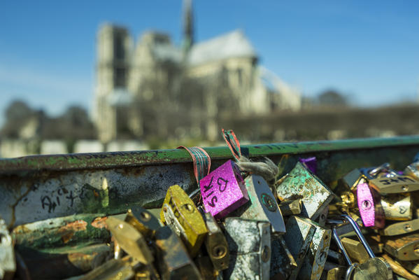 Pont de l'Archeveche in Paris, padlocks left by lovers,Paris, France