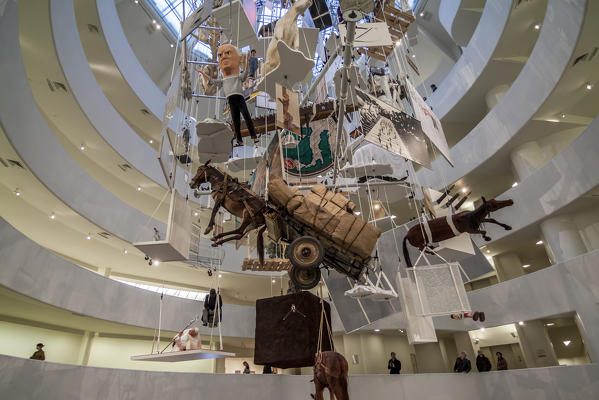 USA, New York State, New York City, Manhattan, Solomon R Guggenheim Museum, installation of Maurizio Cattelan