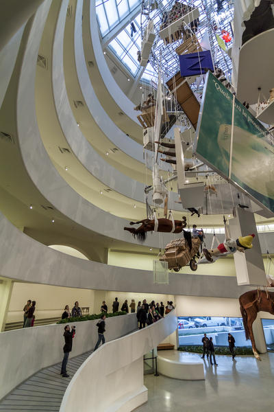 USA, New York State, New York City, Manhattan, Solomon R Guggenheim Museum, installation of Maurizio Cattelan