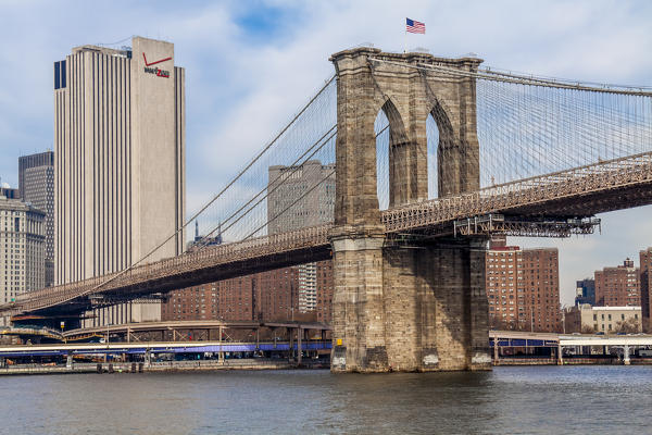 USA, New York City, Lower Manhattan & Brooklyn Bridge