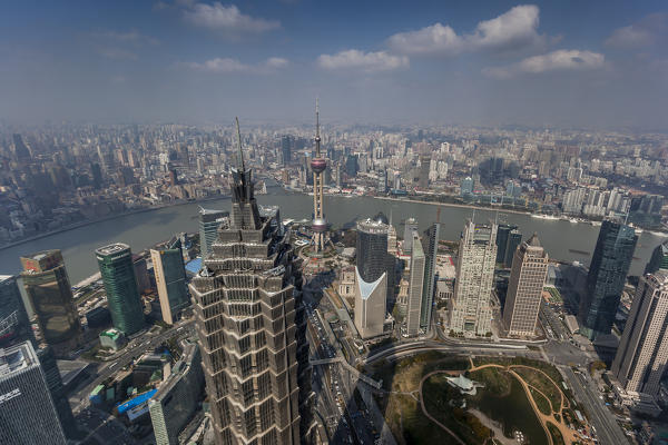 China, Shanghai, Pudong new area, Jinmao tower, Oriental Pearl Tower, and pudong skyline