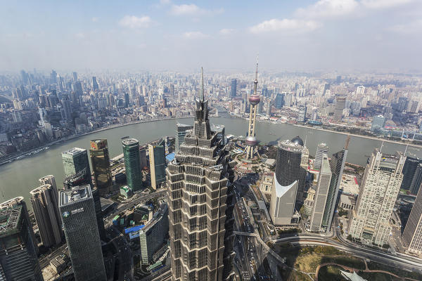 China, Shanghai, Pudong new area, Jinmao tower, Oriental Pearl Tower, and pudong skyline