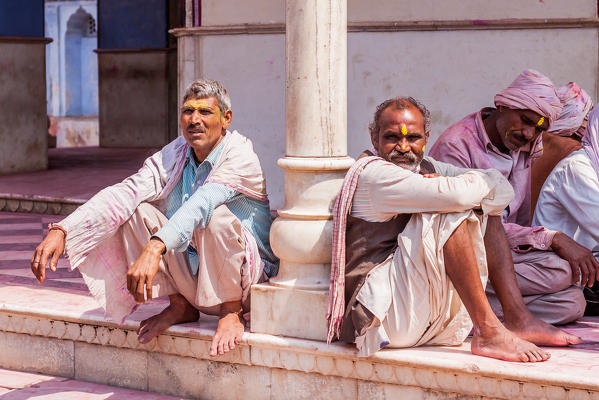 Asia, India, Uttar Pradesh, Nandgaon, men in the temple