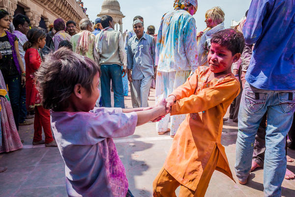 Asia, India, Uttar Pradesh, Nandgaon, Dancing during Holi Festival