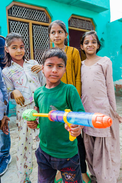 Asia, India, Uttar Pradesh, Nandgaon, Children in Holi festival of Colors