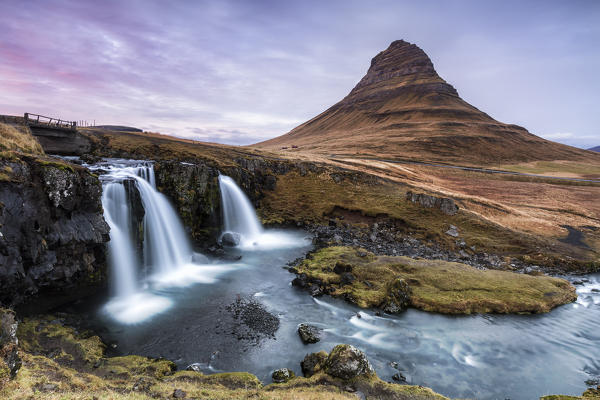 Kirkjufell Mountain, Snaefellsnes peninsula, Western Iceland, Europe. Long exposure landscape with waterfalls.