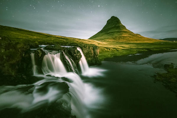 Long exposure andscape with waterfalls. Kirkjufell Mountain, Snaefellsnes peninsula, Western Iceland, Europe.
