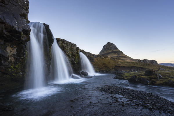 Landscape with waterfalls and Kirkjufell Mountain, Snaefellsnes peninsula, Western Iceland, Europe.