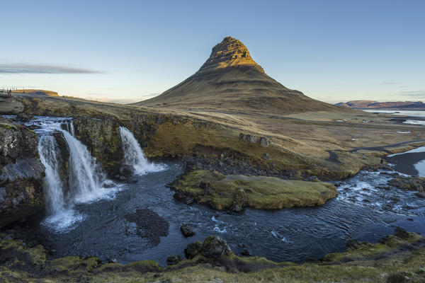 Long exposure landscape with waterfalls and Kirkjufell Mountain, Snaefellsnes peninsula, Western Iceland, Europe.