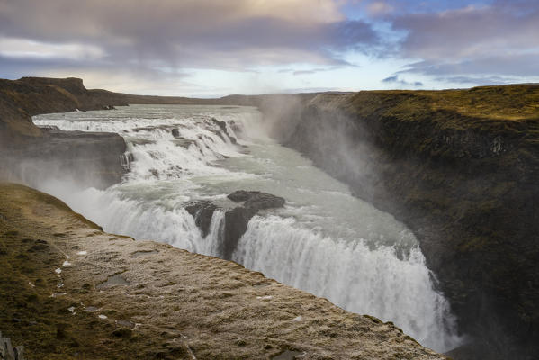 Landscape with Gullfoss waterfall and steam. Hrunamannahreppur, Arnessysla, Sudurland, Iceland, Europe.