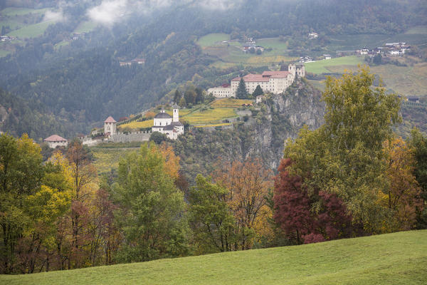 View of Sabiona Monastery and its vineyards. Chiusa, Val d'Isarco, Bolzano, Trentino Alto Adige - Sudtirol, Italy, Europe.