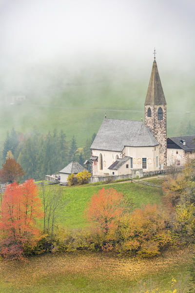 Church surrounded by autumnal trees and mist. Santa Maddalena, Funes, Bolzano, Trentino Alto Adige - Sudtirol, Italy, Europe.