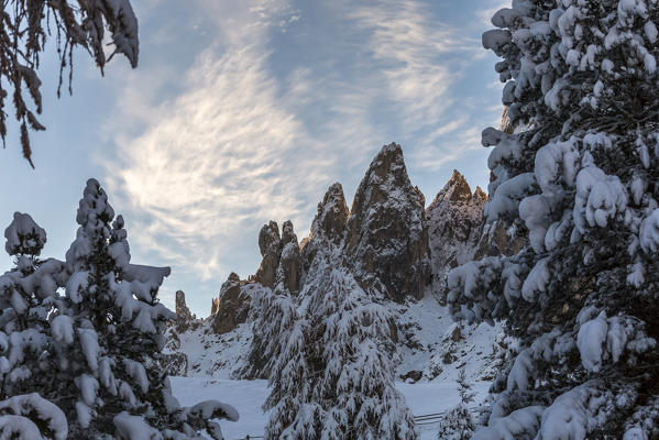 Odle Dolomites covered in snow. Passo delle Erbe, Bolzano, Trentino Alto Adige - Sudtirol, Italy, Europe.