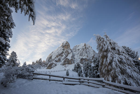 Odle Dolomites covered in snow. Passo delle Erbe, Bolzano, Trentino Alto Adige - Sudtirol, Italy, Europe.