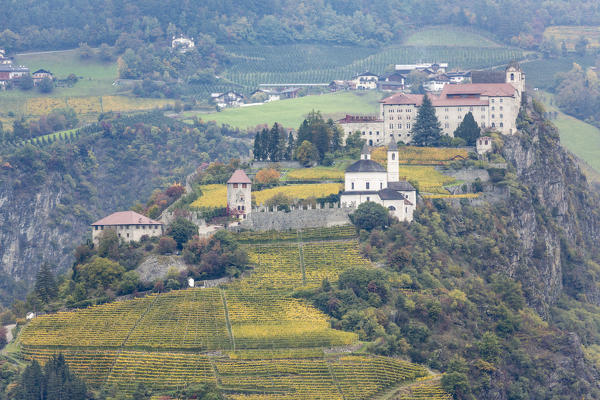 View of Sabiona Monastery and its vineyards. Chiusa, Val d'Isarco, Bolzano, Trentino Alto Adige - Sudtirol, Italy, Europe.