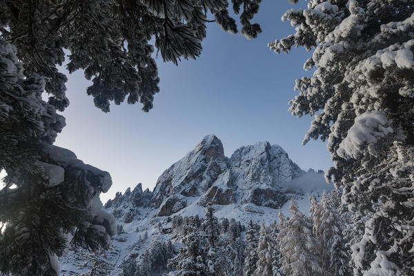 Odle Dolomites covered in snow. Passo delle Erbe, Bolzano, Trentino Alto Adige - Sudtirol, Italy, Europe.