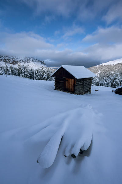 Wooden lodge covered in snow. Passo delle Erbe, Bolzano, Trentino Alto Adige - Sudtirol, Italy, Europe.