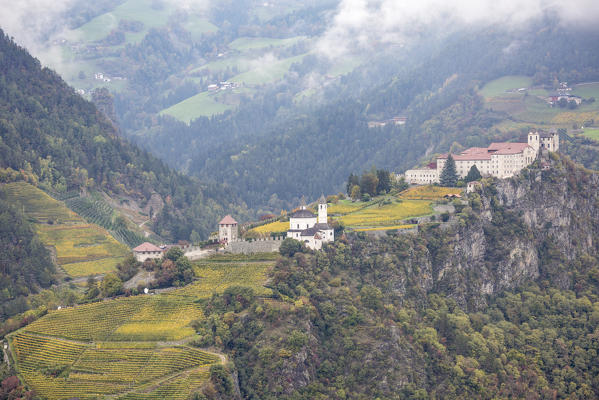 View of Sabiona Monastery and its vineyards. Chiusa, Val d'Isarco, Bolzano, Trentino Alto Adige - Sudtirol, Italy, Europe.
