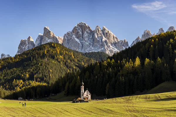 San Giovanni in Ranui church  with odle Dolomites on the background. Santa Maddalena, Funes, Bolzano, Trentino Alto Adige - Sudtirol, Italy, Europe.