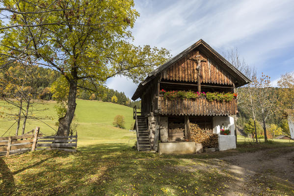Mountain lodge and tree.  Santa Maddalena, Funes, Bolzano, Trentino Alto Adige - Sudtirol, Italy, Europe.