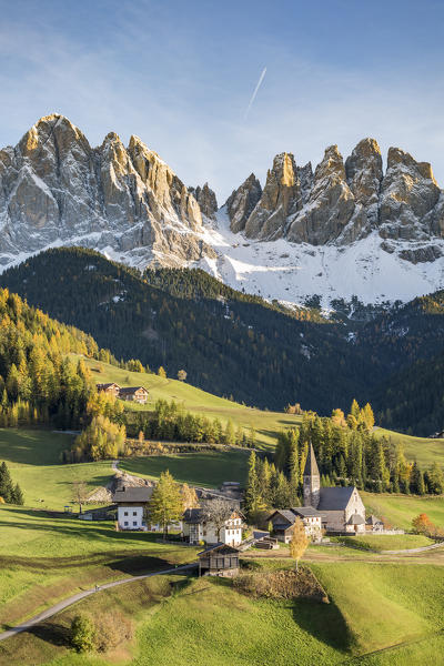 Autumnal landscape with Odle Dolomites peaks on the background. Santa Maddalena, Funes, Bolzano, Trentino Alto Adige - Sudtirol, Italy, Europe.