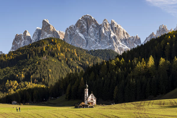 San Giovanni in Ranui church  with odle Dolomites on the background. Santa Maddalena, Funes, Bolzano, Trentino Alto Adige - Sudtirol, Italy, Europe.