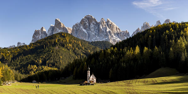 San Giovanni in Ranui church  with odle Dolomites on the background. Santa Maddalena, Funes, Bolzano, Trentino Alto Adige - Sudtirol, Italy, Europe.