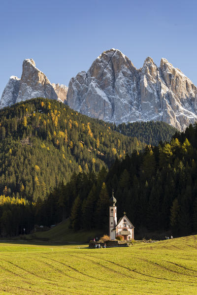 San Giovanni in Ranui church  with odle Dolomites on the background. Santa Maddalena, Funes, Bolzano, Trentino Alto Adige - Sudtirol, Italy, Europe.